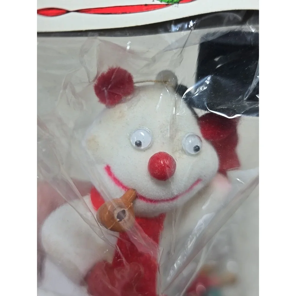 Vintage Flocked Snowman & Mouse Lot of 2 Frosty Googly Eyes Christmas‎ Ornament